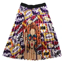 Модная одежда с мультипликационным принтом, с эластичной резинкой на талии миди юбка женская Высокая талия плиссированные сапоги до середины икры Длина юбка Универсальные женские Повседневное юбки в уличном стиле