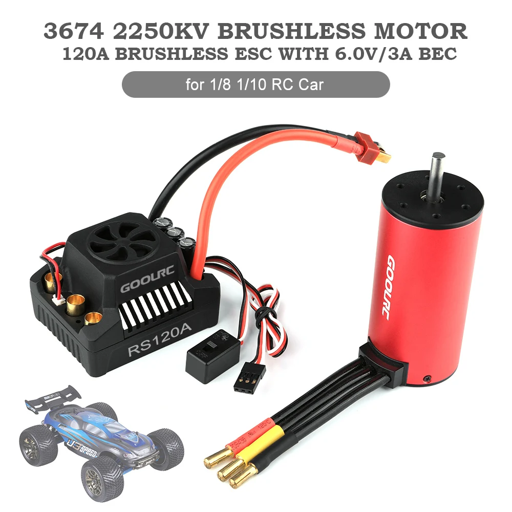 

GoolRC 3674 2250KV Brushless Motor 120A Brushless Splash-Proof Electronic Speed Controller ESC with BEC for 1/8 1/10 RC Car