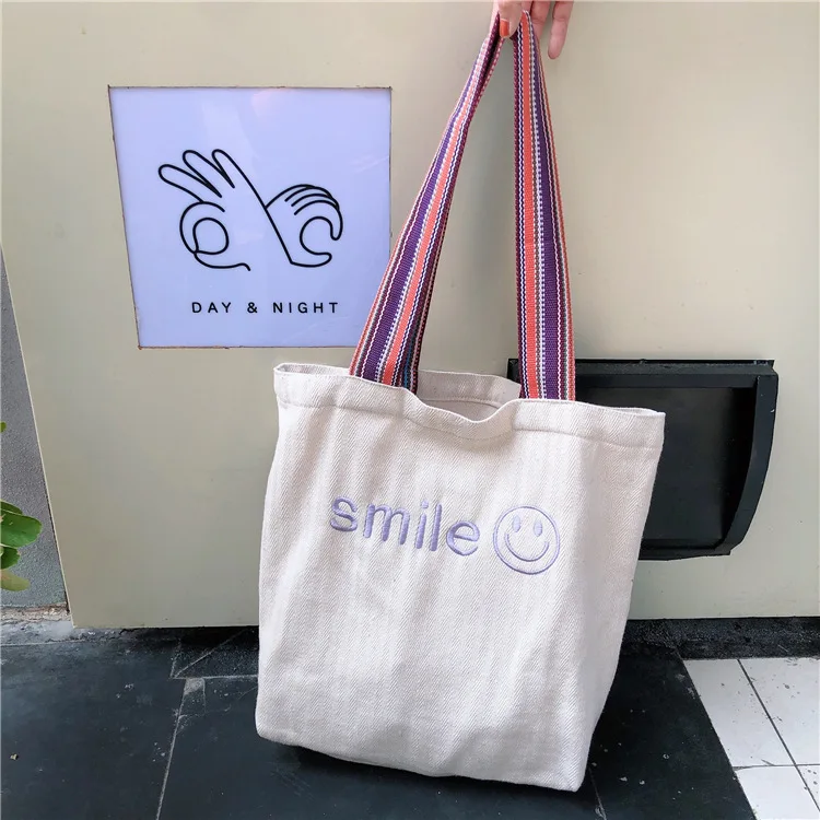 Embroidered Smiley Face Women Canvas Handbags Large Capacity Ladies Eco Reusable Shopping Bags Student Girls Books Shoulder Bag