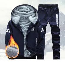 Мужская зимняя толстовка с капюшоном, теплый свитер на молнии с мехом внутри, штаны, комплекты из 2 предметов