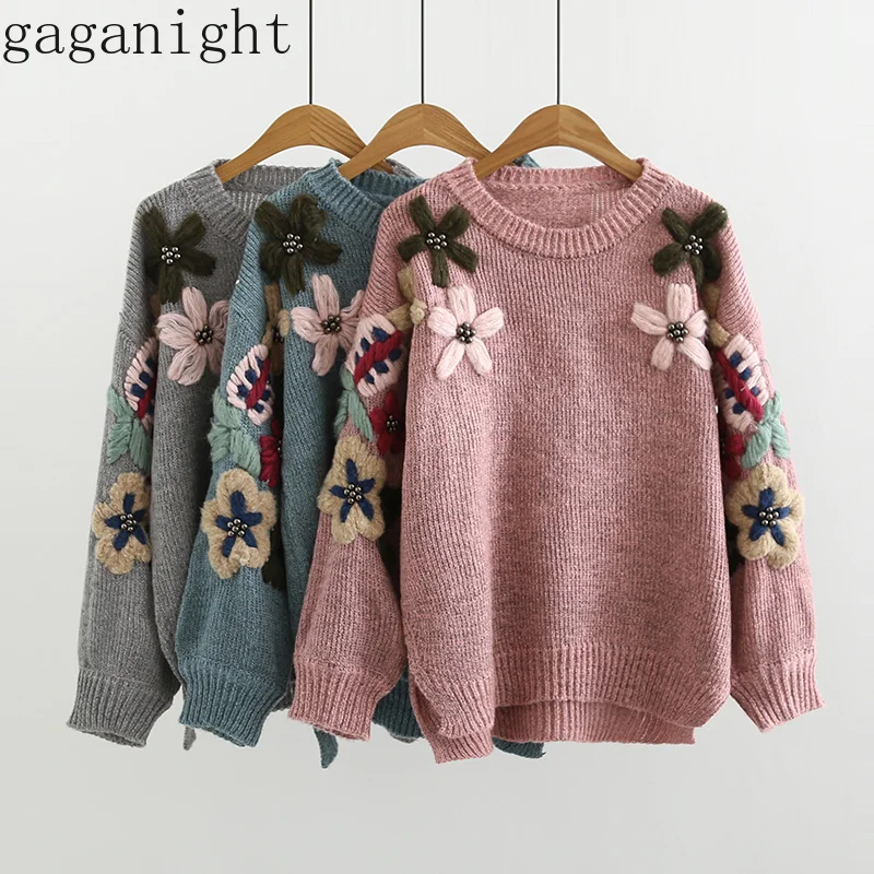 

Gaganight Embroidery Beading Women Sweater Spring Autumn Lantern Sleeve O Neck Pullover Vintage Chic Casual Loose Outwear Female