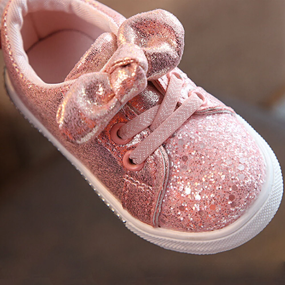 Pudcoco/Повседневные кроссовки с блестками и бантом для маленьких девочек от 1 до 3 лет модная блестящая обувь на плоской подошве для девочек спортивная обувь