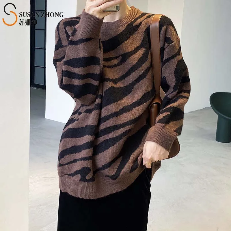 

Women Pullovers Female Winter Sweater Leopard Print Elegant Casual Overize Batwing Sleeve With Drop Shoulder Classic Round Neck