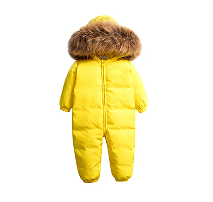 Winter Overalls For Baby Rompers Jumpsuit Children Duck Down Overalls Snowsuit Toddler Kids Boys Girls Fur Hooded Romper Costume - Color: yellow