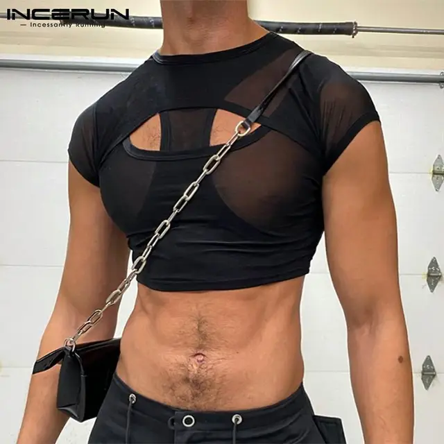 INCERUN 2021 Men T Shirt O neck Hollow Out Short Sleeve Mesh See Through Sexy Crop