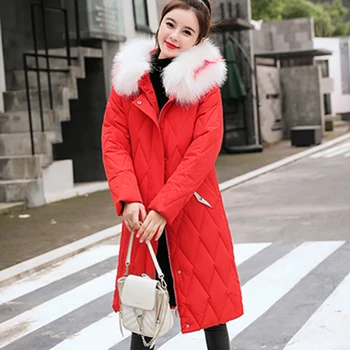 

Solid Fur Hooded Long Winter Down Coat Women Plus Size Warm Thicken Cotton Parka Coat Jackts Female Casual Loose Slim Long Coats