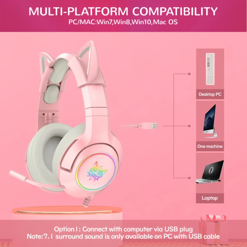 New K9 Pink Wired Game Cat Ear Headset With Microphone Hifi 7 1 Channel Gaming Music Headset For Computer Notebook