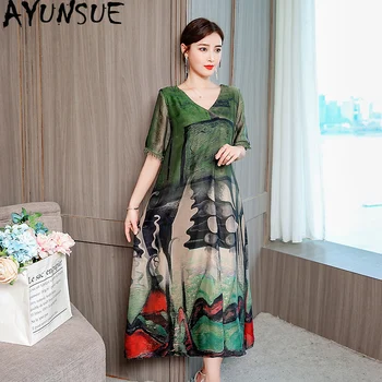 

AYUNSUE 2020 Summer Silk Dress Women Casual Long Plus Size Dress Elegant Printed Party Women's Dresses Boho Vestido 195188 J3964