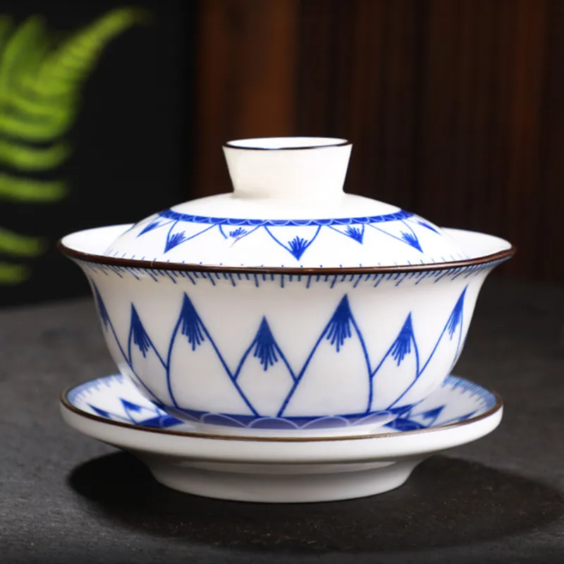 Lotus-1 Синий и белый фарфор Gaiwan китайский стиль ретро Керамическая сансай чайная чаша обслуживание чайная чашка и блюдце набор - Цвет: Lotus-1