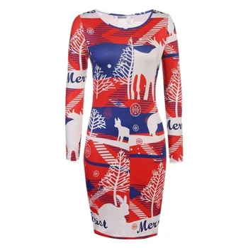 

Women's Christmas Printed One-piece Dress, Long Sleeve Round Neck Slinky Dress for Daily Casual Wear