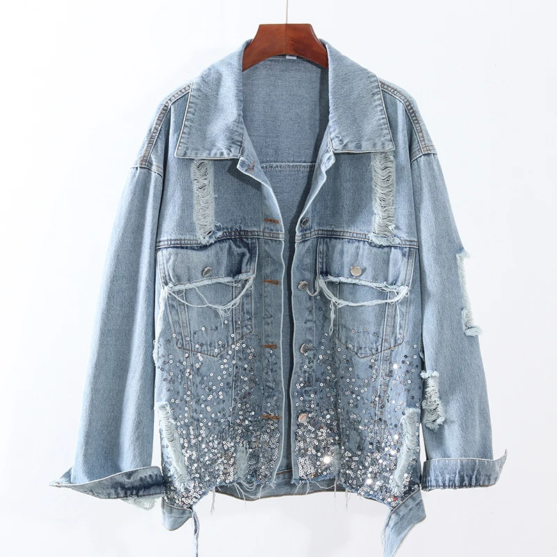 

Fashion Sequins Loose Korean Burr Hole Washed Blue Denim jacket Women 2020 Autumn Vintage Cowboy Coat Female casual jean jacket
