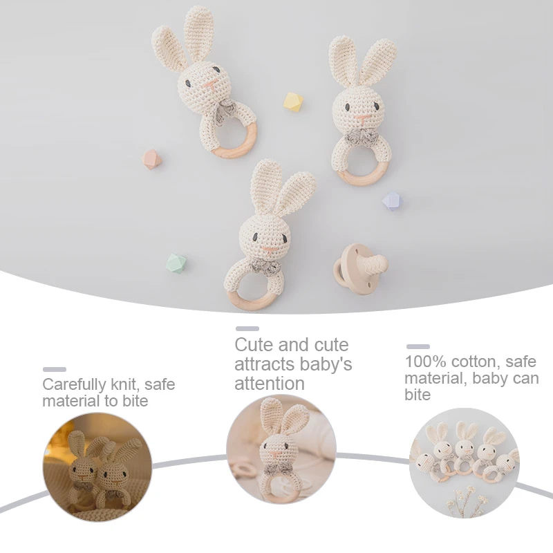 Wooden Baby Rattle Crochet Beige Rabbit Cute Shape Attracts Baby's Attention Newborn Stuffed Animal Organic Rattle Ideas Props 4