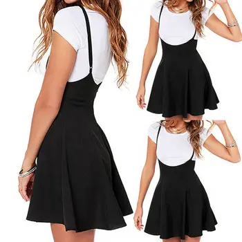 

Fashion Women Sexy Leisure Mini Suspender Skater Skirt High Waisted Pleated Adjustable Strap Skirt Size S-2XL