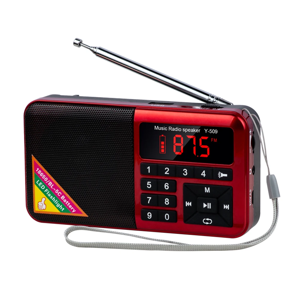 Y-509 портативный FM радио мини цифровой Raido Высокое качество динамик MP3 музыкальный плеер TF карта с светодиодный фонарик экран дисплей