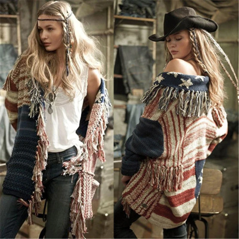 

Spring Autumn Explosions Tassels In The Long Section Of The Cardigan Hit Color Stars Striped Knit Sweater Coat Women HHH00100