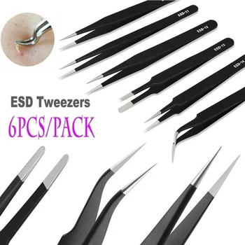 

6Pcs / set Tweezers Stainless Steel Anti-static Precision Tweezers Black Pointed Elbow Disassembly Set Tool