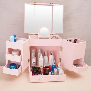 

Japanese Cosmetic Box With Mirror And Cover Large Cosmetics Storage And Reception Cabinet Dust-proof Girl