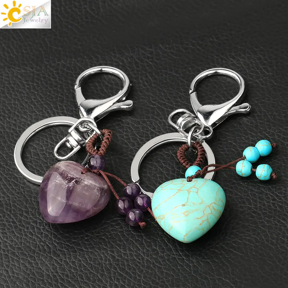 CSJA Heart Natural Crystal Keychains 7 Chakra Healing Stone Pink