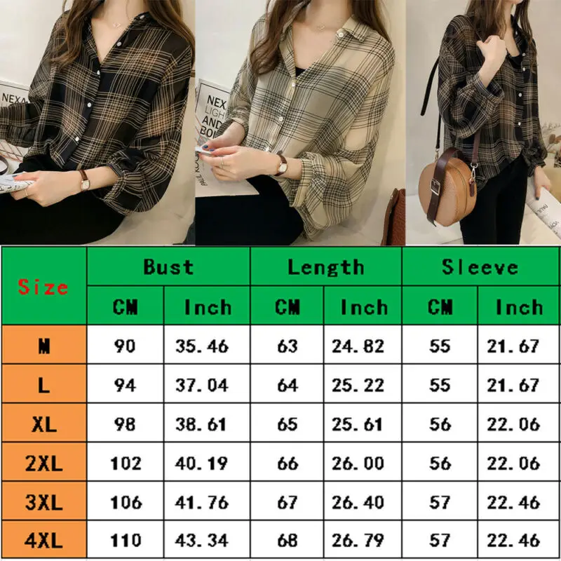 Women's Casual Check Shirts Summer Sunscreen Plaid Button Long Sleeve Baggy Shirt Ladies Blouse Tops and Blouses Plus Size M-4XL