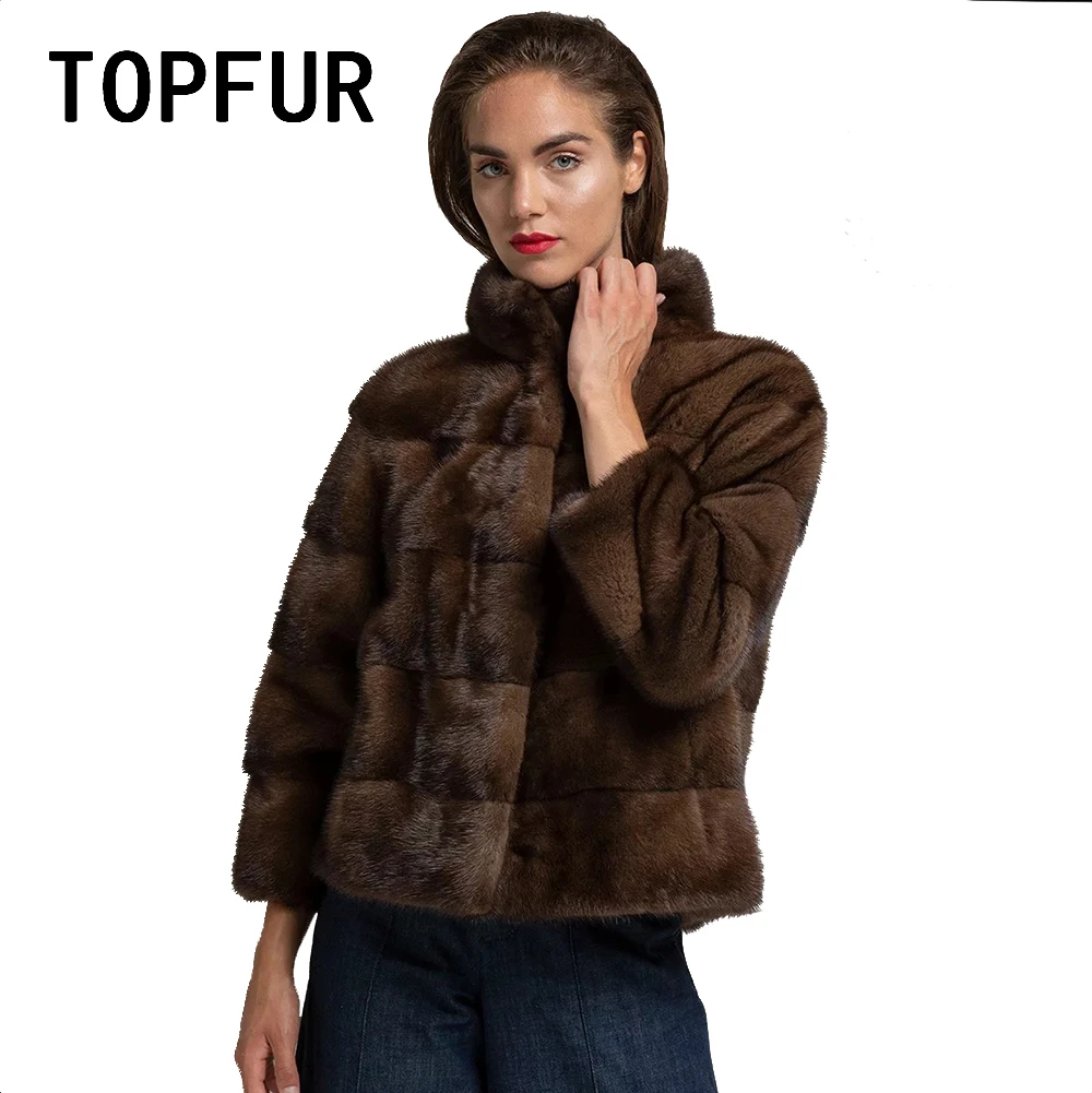 Женское зимнее пальто TOPFUR Коричневое Пальто из натурального меха норки темно