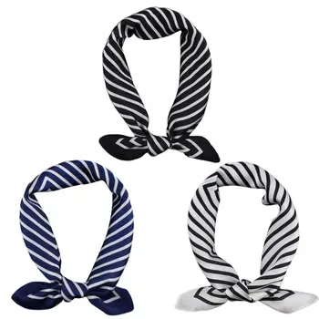 

55x55cm Women Vintage Geometric Striped Square Neck Scarf Office Lady Imitation Silk Decorative Neckerchief Bandana Headwrap