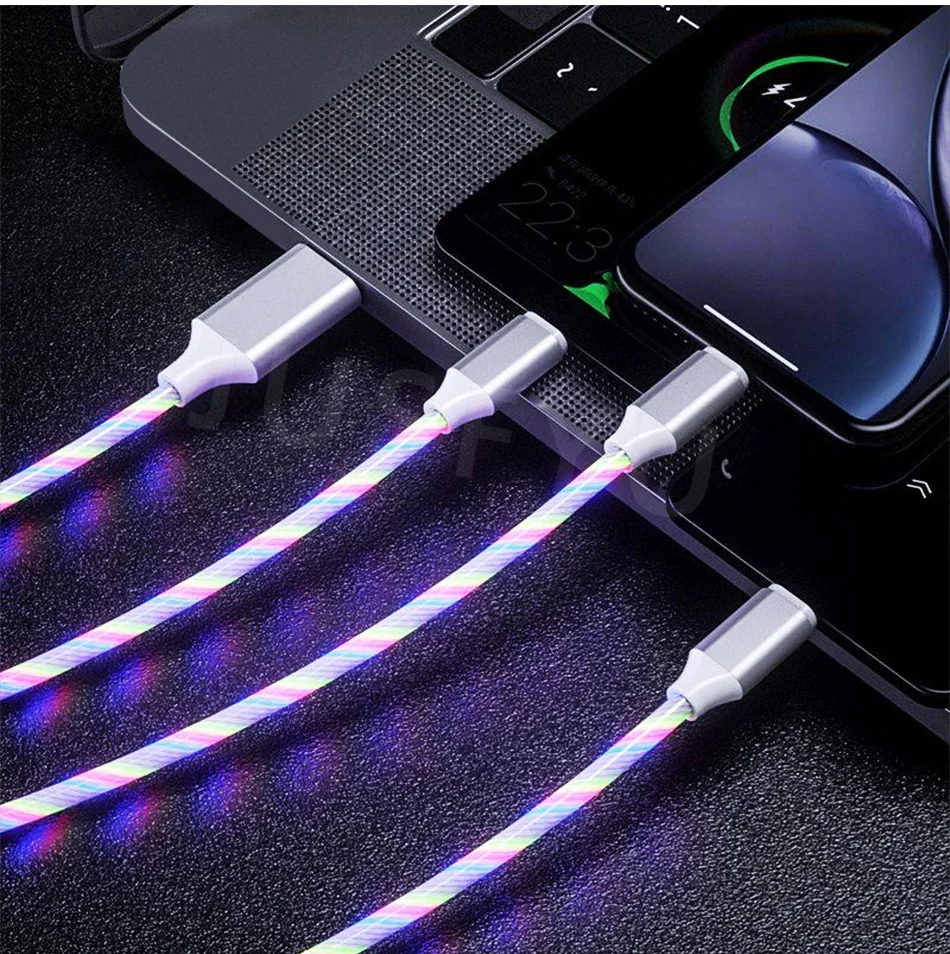 1,2 м 3 в 1 USB кабель для зарядного устройства для мобильного телефона Micro usb type C зарядный кабель для iPhone зарядный светящийся светодиодный светящийся шнур для передачи данных