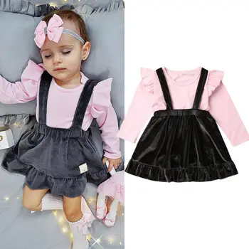 

Kids Baby Girl Clothes Autumn Winter Pink Long Sleeve T-shirt Top Suspender Black Velvet Strap Skirt Outfits Baby's Set Clothing