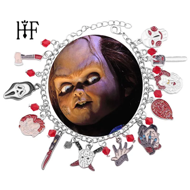 

Fast Shipping Chucky Face Stephen Kings bracelets for women IT Penny Wise Jason Hockey Horror charm bracelet with Axe clown