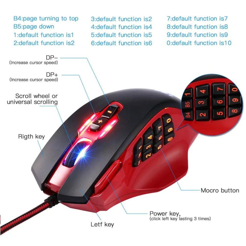 Gaming Mouse Backlit USB Wired 8200DPI 19 Keys RGB Gaming Mouse With Side Buttons and Adjustable Backlight