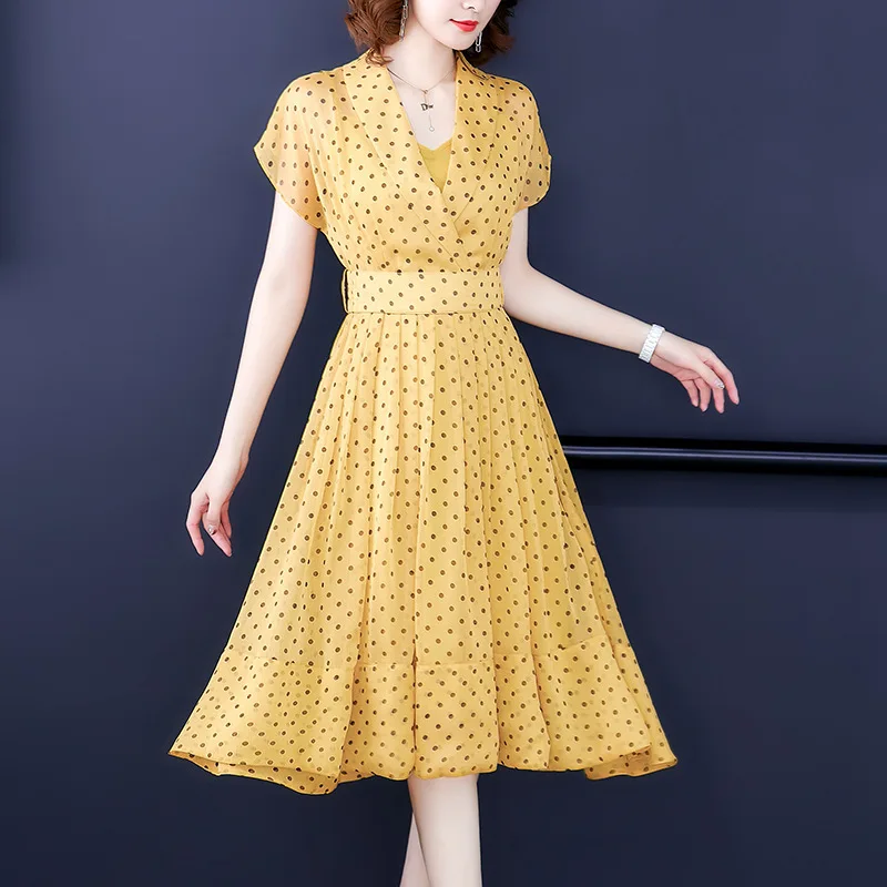 

Sexy Chiffon Maxi Dress Elegant Waist Hugging Skirt Slimming Mid-length Polka Dot Dress WOMEN'S Dress 2019 New Style Summer Wear