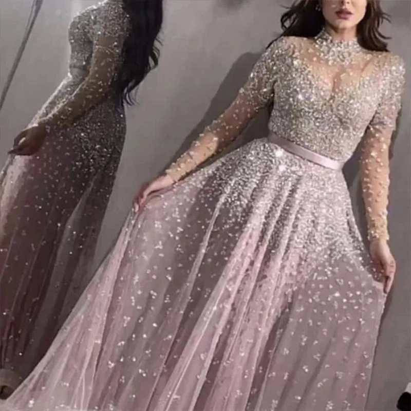 Women Elegant Formal Evening Party Mesh Long Sleeve High Waist Sequins Shiny Wedding Long Dress 2020 Top High Quality Vestidos Women Elegant Formal Evening Party Mesh Long Sleeve High Waist Sequins Shiny Wedding Long Dress 2020 Top High Quality Vestidos