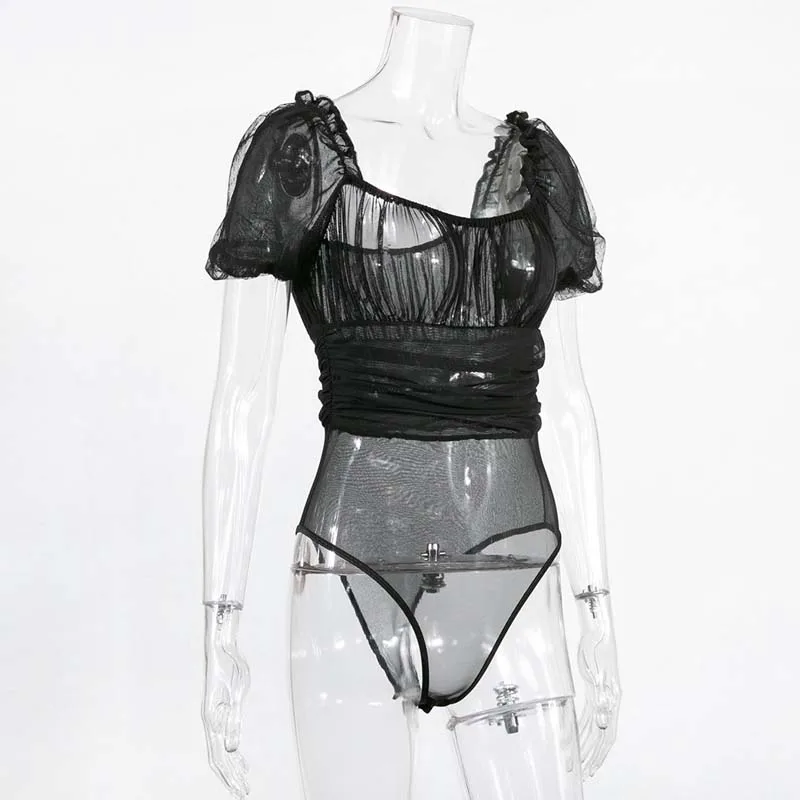 Lace Playsuits Women Black Mesh Short Puff Sleeve Skinny Slim Fit Backless Party Sexy Club Black Patchwork Playsuits Ladies