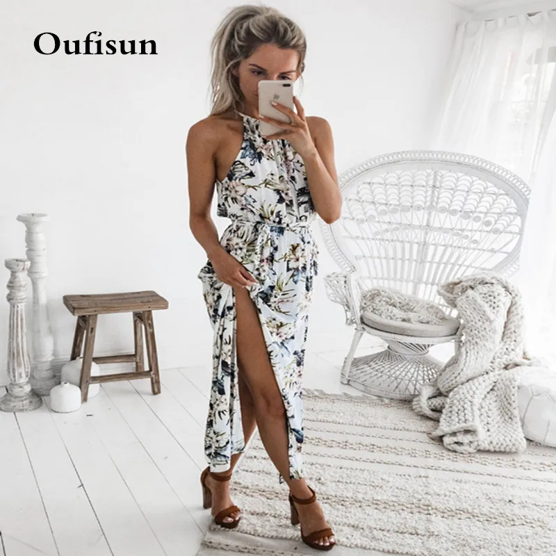 

Oufisun Summer Print Floral Halter Chiffon women Long Dress Casual Sleeveless Split Boho Beach Dresses Femme Maxi Dress Vestidos