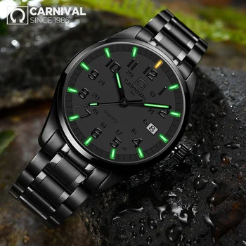 

Original CARNIVAL 2020 Fashion Quartz Watch men 25 years Tritium luminous Watch Calendar Waterproof Sapphire Full Steel Relogio