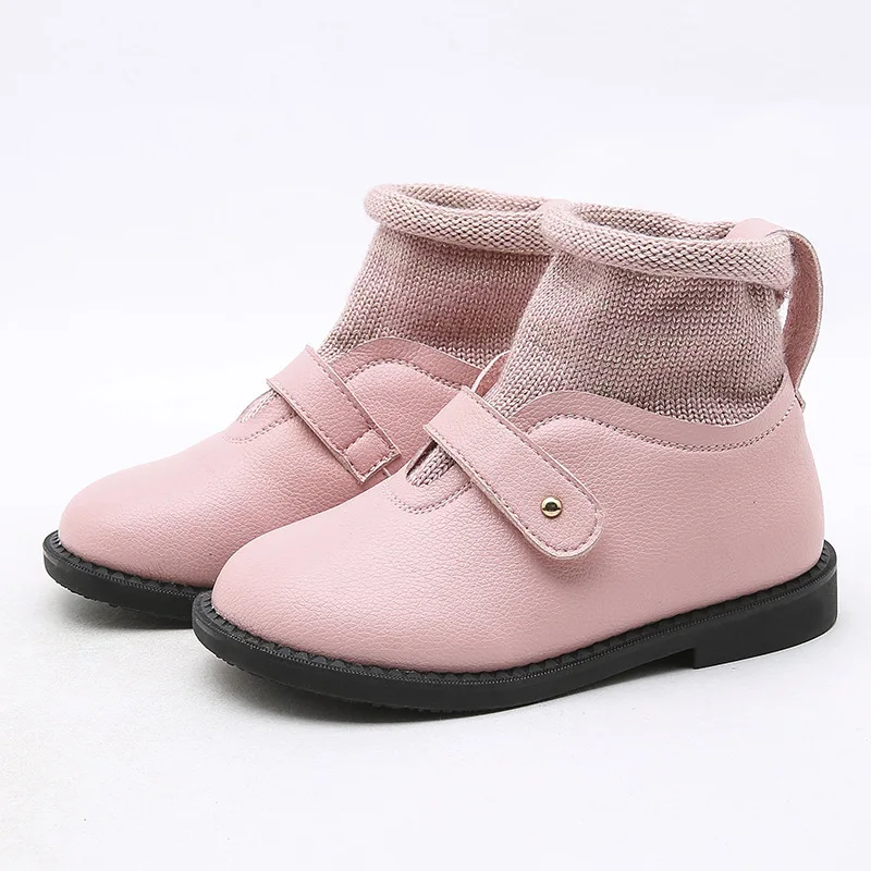 Kids Spring Autumn Pu Leather Boots Ankle-length Knitted Socks Shoes Black Red Pink Fashion Princess Flat Dress Shoes Size 26-37 - Цвет: Розовый