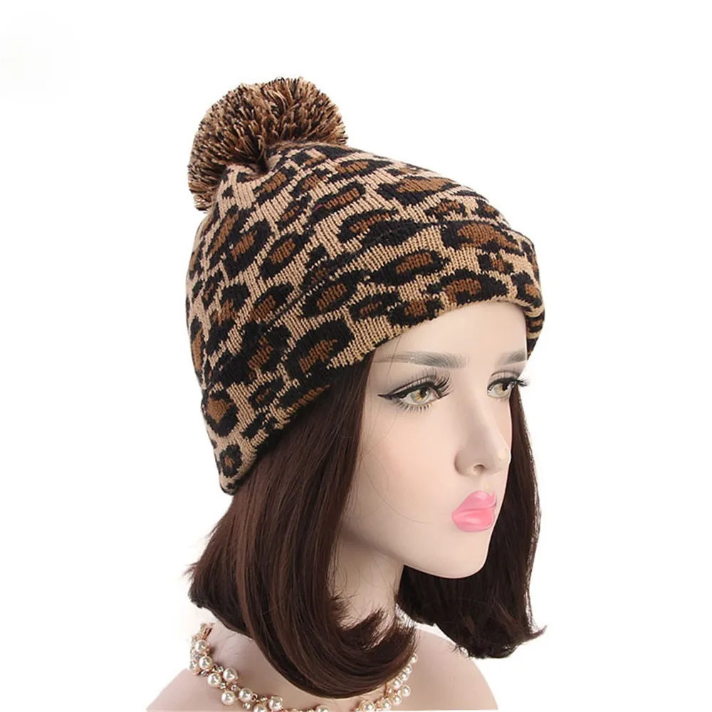 Модная женская зимняя теплая вязаная шапочка леопардовой расцветки из искусственного меха, шапка бини для женщин, шапка gorras