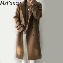 Осенне-зимние пальто женское элегантное черное пальто корейский стиль женское длинное двубортное пальто