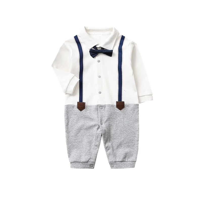 

0-24 Month Baby Boy Formal Dress Infant Cotton Gentleman Bow-tie One Piece Bodysuits Button Front Open Fake Stap Overalls