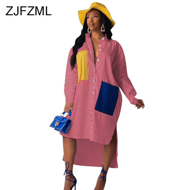 

Causal Striped Shirt Dress Women Long Sleeve Double Split Loose Autumn Dress Causal Turn Down Collar Buttons Plus Size Dress