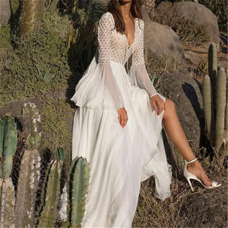 Сексуальное Белое Кружевное длинное пляжное платье-туника с вырезом лодочкой, модное платье с открытыми плечами, платье в пол размера плюс, женская летняя пляжная одежда N658