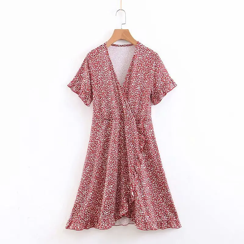 

2019 Summer New Style WOMEN'S Dress Western Style V-neck Short Sleeve High-waisted Floral-Print Flounced Decoration Dress Women'