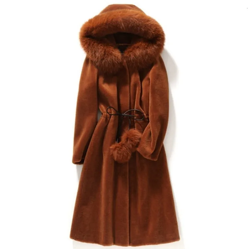 

Real long fur robe female sheep natural shears with real fox collar wool cap winter warm wool jacket woman