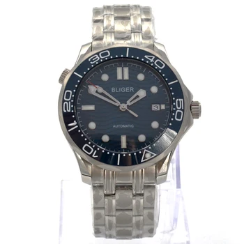 

BLIGER 41mm Mens Sapphire Luminous Blue Dial Wave Pattern Date Window Automatic Mechanical Wristwatch steel strapчасы мужские