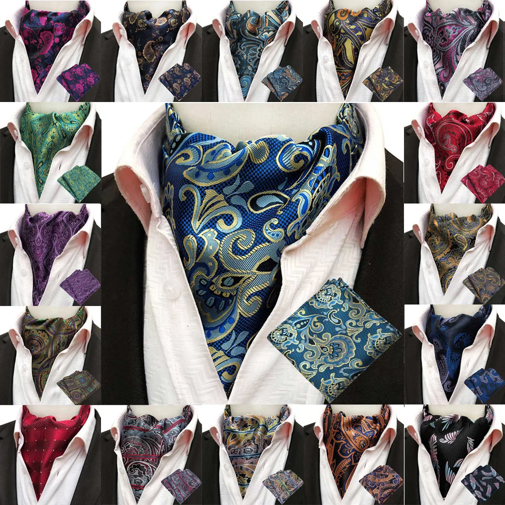  Mens Cravat Ascot Scarf Colorful Floral Paisley Jacquard With Handkerchief Set