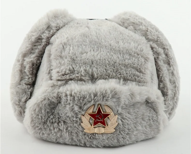 CAMOLAND Women Soviet Badge Russian Ushanka Pilot Bomber Hat Mens Faux Fur Army Military Winter Trapper  Earflap Snow Caps waterproof bomber hat