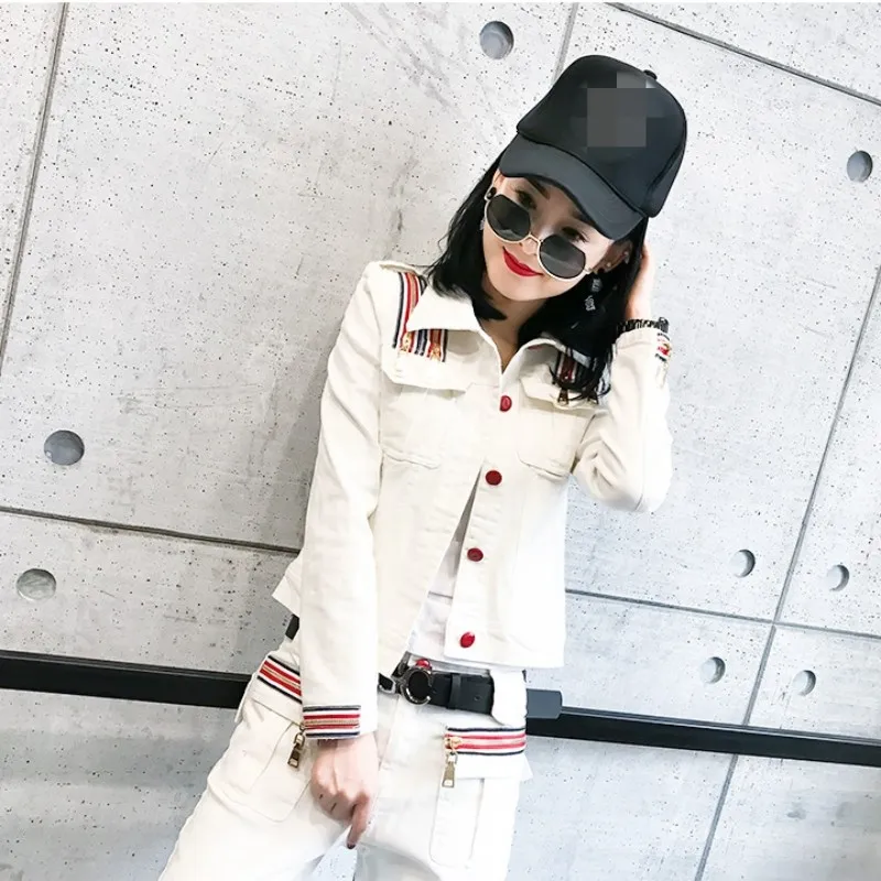 

2019 New White Women Denim 2 Piece Sets Fashion High Street Short Coat And Jeans Pants Suit Jacket Trousers Two Piece Outfit