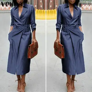 

Fashion Shirt Dress VONDA Autumn Summer Sexy V Neck Solid Color Party Dresses Loose Long Sleeve Sundress Plus Size Vestidos 5XL