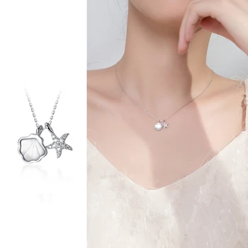 

Mocanie Real 925 Sterling Silver Marine Life Shiny CZ Lovely Starfish Scallop Pendant Necklace for Women Link Chain Fine Jewelry