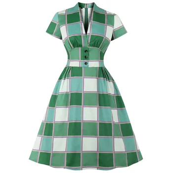 

4xl Green Checks Women Retro Dress Elegant 60s Vintage Dress Office Work Dress Plus Size V Neck Short Sleeves Vestidos
