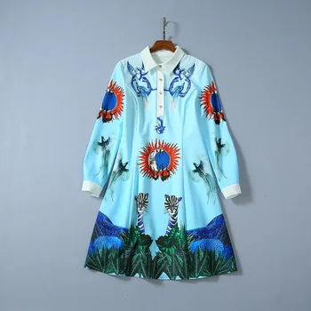 

Autumn 2019 new European and American women's wear Long sleeve lapel Cartoon printing Fashionable blue dress